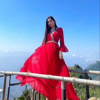 Hoangyen - đầm lily dress đỏ tay loe dài viêng thổ cẩm