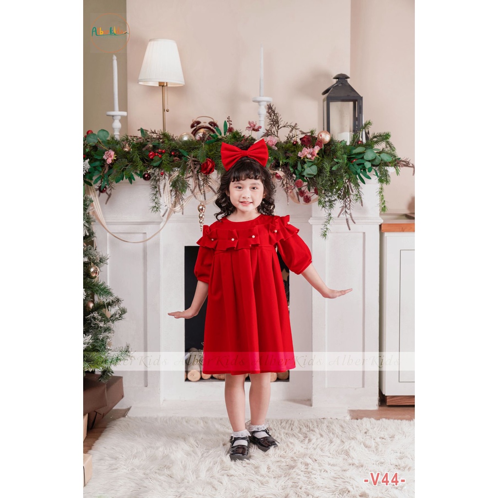 Váy bé gái ALBERKIDS nhung đỏ đính NGỌC dài tay công chúa xinh đẹp cho trẻ em gái từ 2,3,4,5,6,7,8,9,10,11,12 tuổi [V44]