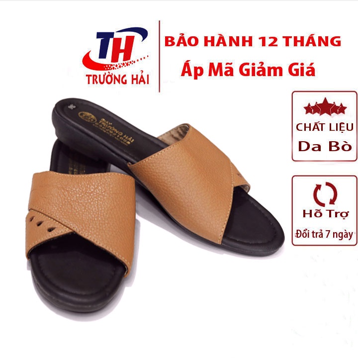 Dép nữ da bò quai ngang Màu Vàng Trường Hải Đế Cao su không trơn DN250