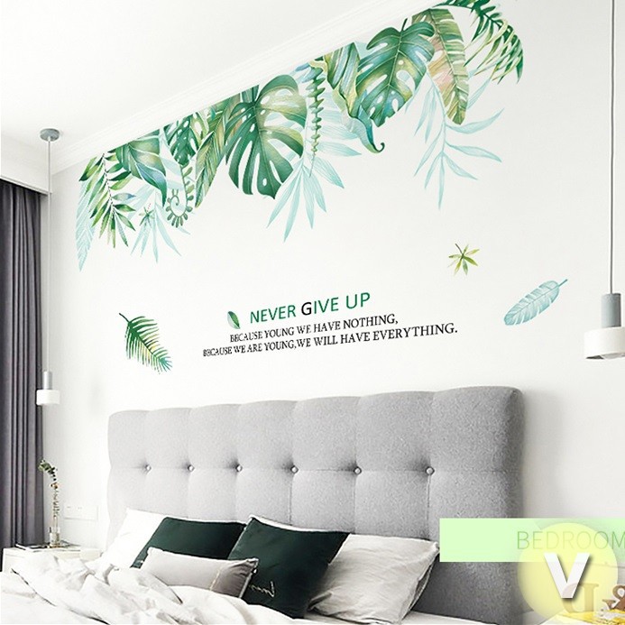 Decal dán tường Tán lá nhiệt đới Never give up