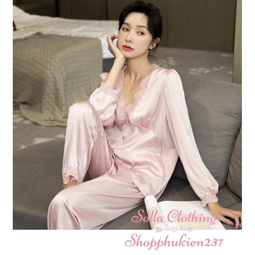 Hàng Cao Cấp Đồ Bộ Ngủ Pijama Lụa Mềm Mịn Cổ Tim Phối Viền Ren Tay Dài Quần Dài - Mã ADQD01