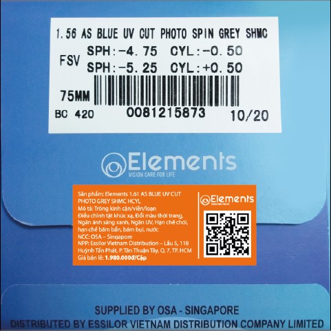 Tròng kính đổi màu ánh sáng xanh ELEMENTS 1.56, 1.61 và 1.67AS BLUE UV CUT PHOTO GREY chính hãng Singapore