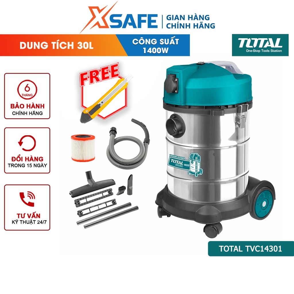 Máy hút bụi TOTAL TVC14301 1400W hút bụi khô và ướt, dung tích 30L, bình chứa thép không gỉ, dây cáp nguồn 2.3m - XSAFE