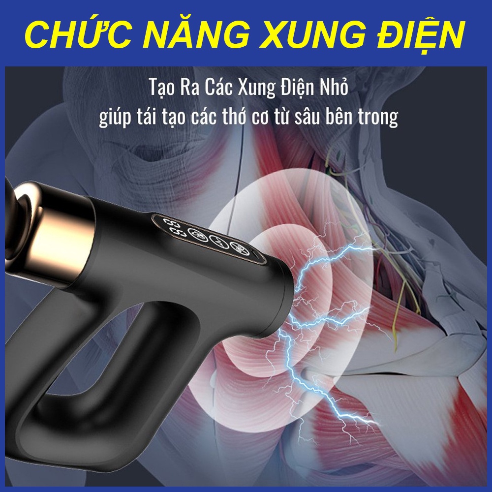 Máy massage cầm tay METAMO 4 đầu 12 cấp độ nóng xung điện trị đau nhức toàn thân hiệu quả, súng massage kèm 4 đầu mát xa