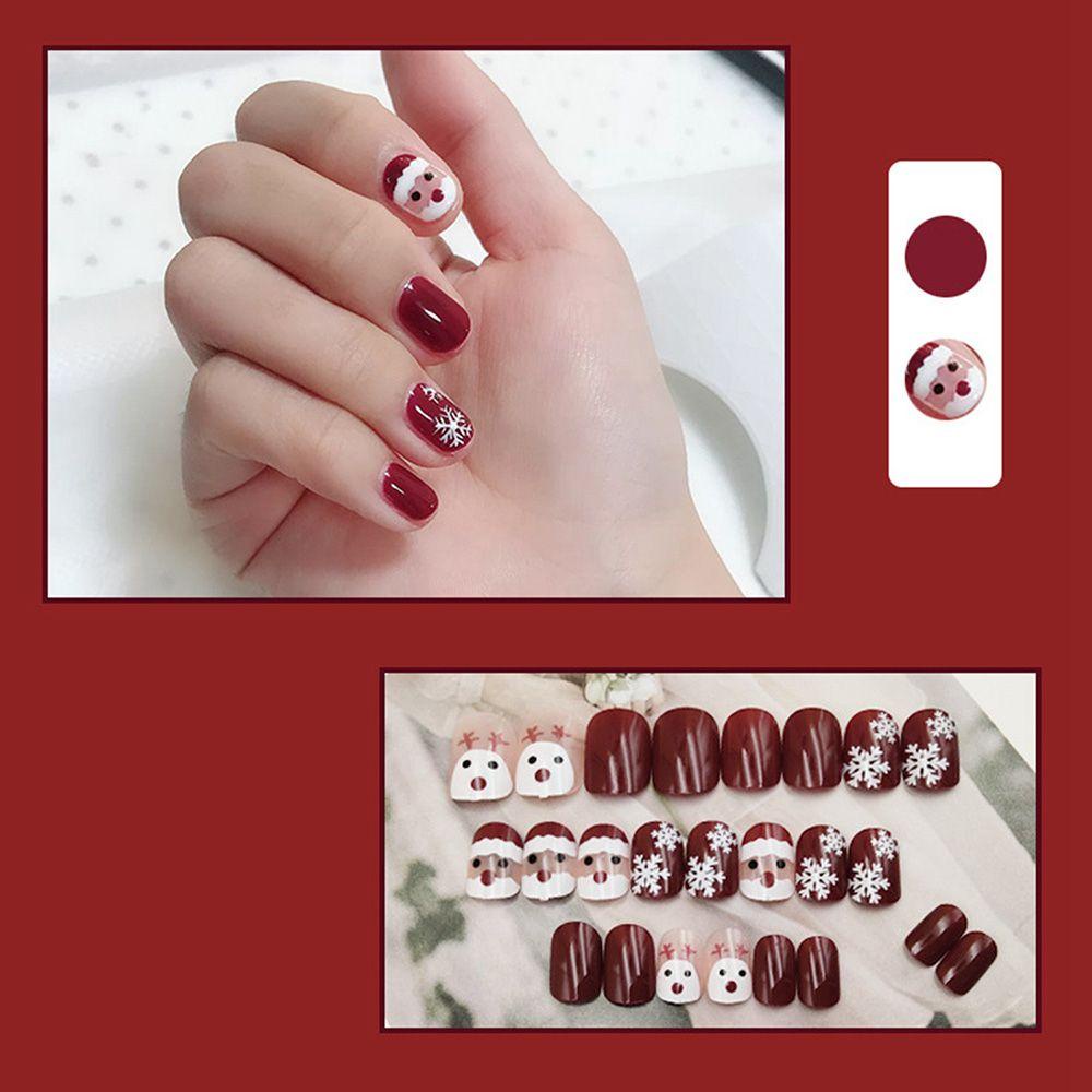 JUNE 24pcs/Box Christmas Short Round Head False Nails Short Artificial Full Cover Fake Nails