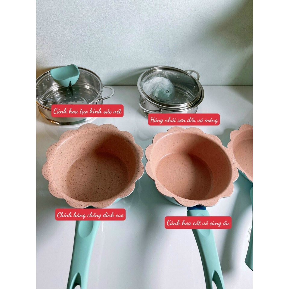 [ BẢO HÀNH 12 THÁNG ] Bộ Nồi Chảo Đá Hình Hoa Cho Bé Ăn Dặm Cao Cấp Chống Dính Kèm Lồng Hấp Babibu