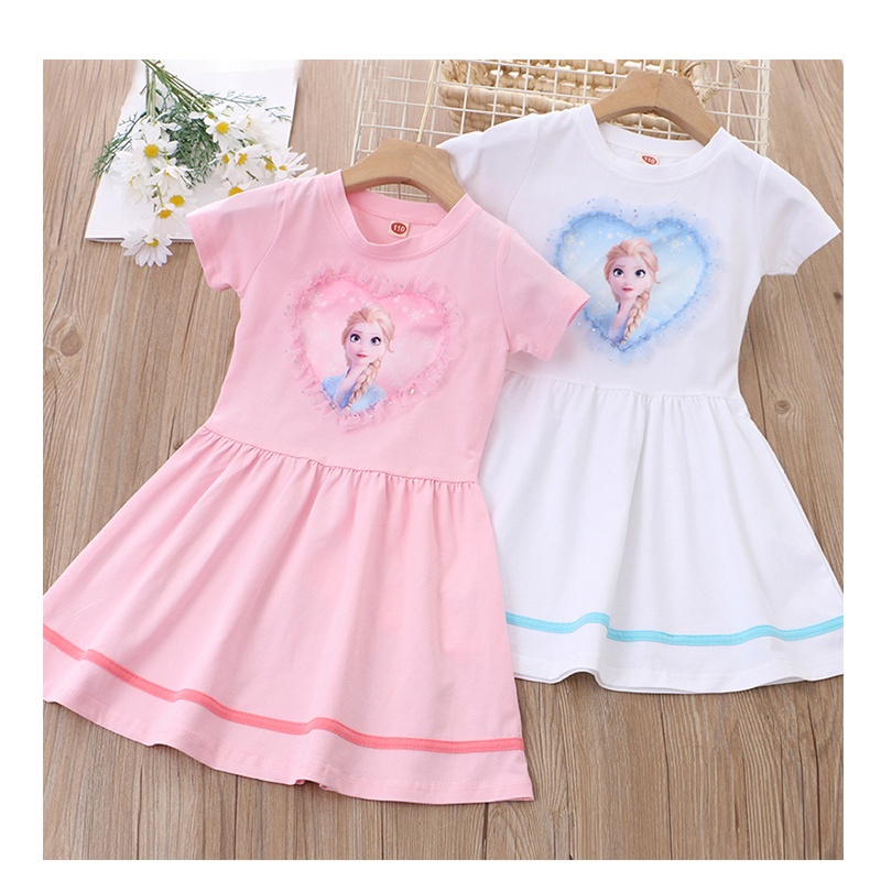 Váy ngắn tay chất cotton in hình công chúa Elsa lấp lánh cho bé gái