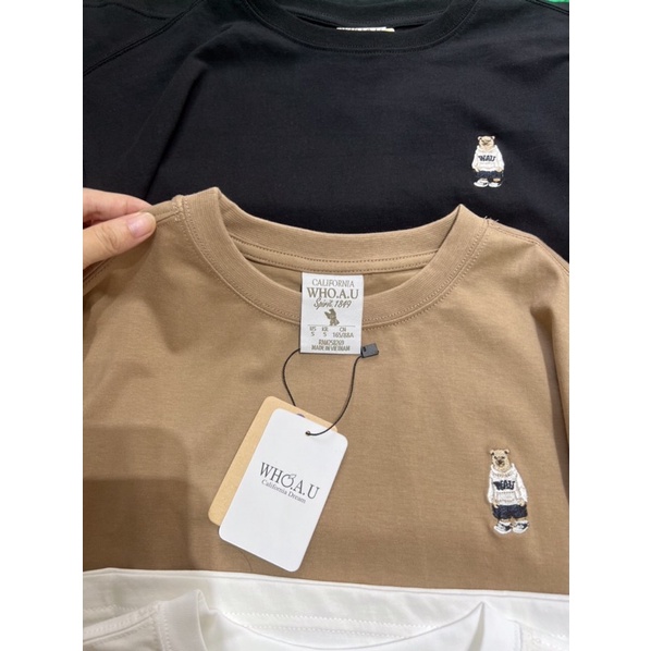 Đầm thun dáng suông cổ tròn tay ngắn logo gấu Who.au xuất Hàn