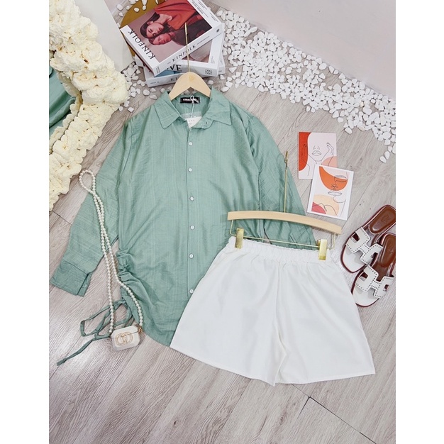 [ 𝐅𝐑𝐄𝐄 𝐒𝐇𝐈𝐏 ] SET SƠ MI XANH RÚT HÔNG MIX QUẦN SOOC TRẮNG HÀNG L1