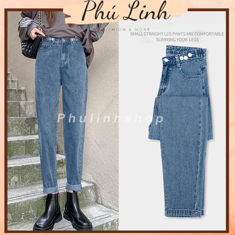 N025 Quần jeans nữ ống suông rộng cạp cao đính khuy (hàng Quảng Châu)
