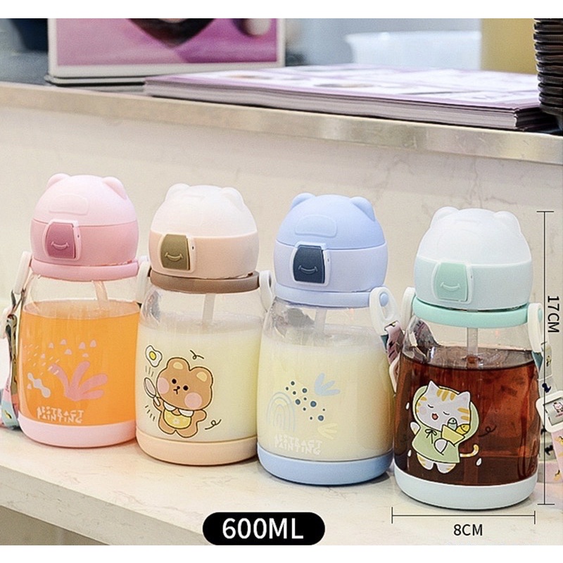 Bình Nước Nhựa 600ML Kèm Ống Hút Và Dây Đeo Dễ Thương Sáng Tạo Cho Học Sinh