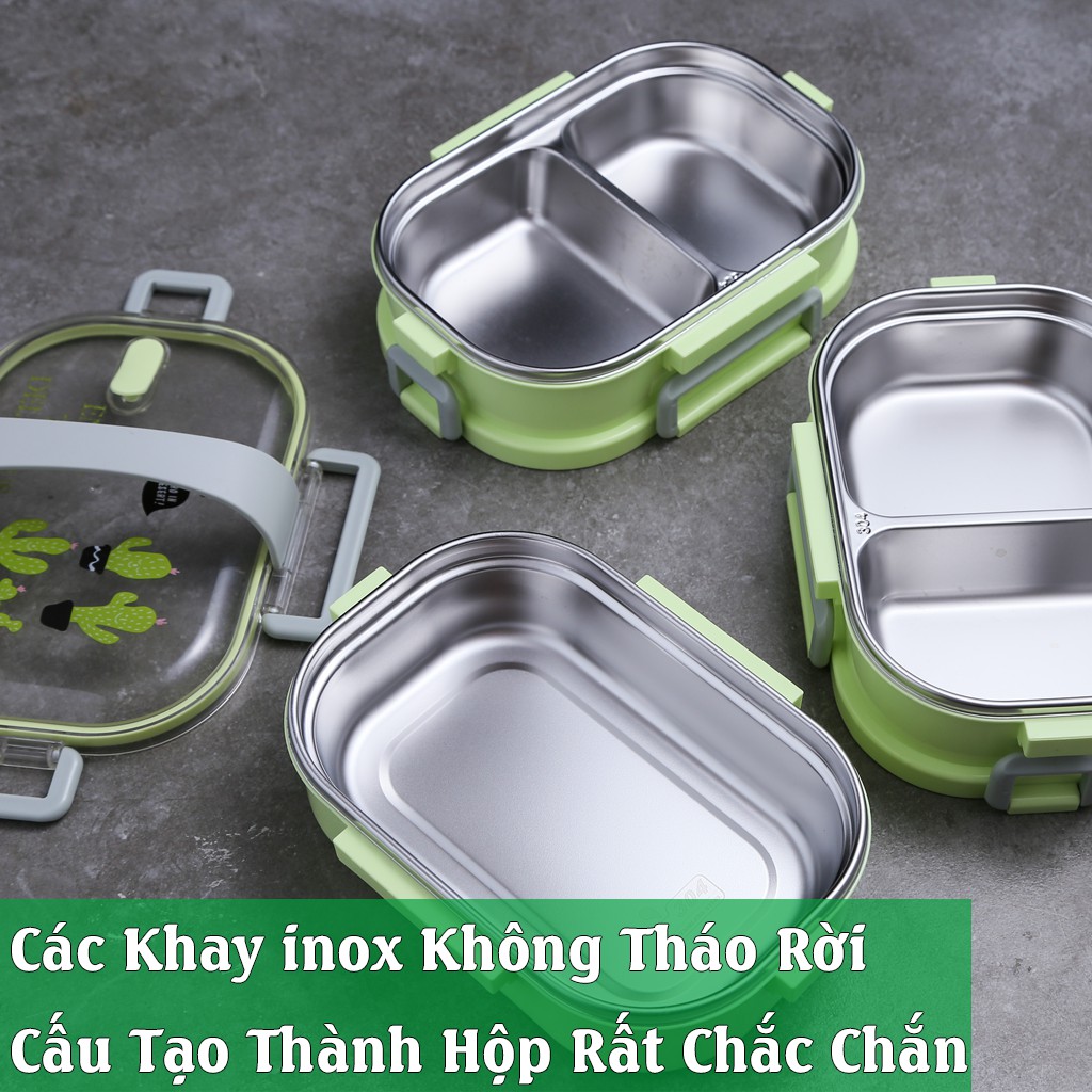 [Đủ Phụ Kiện] Hộp Cơm Giữ Nhiệt 2 Tầng 3 Ngăn Cao Cấp Chất Liệu Khay Inox304 Không Gỉ Chống Tràn HC-02