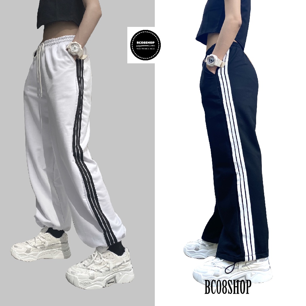Quần Jogger Rút Ống 3 Sọc Chất Vải Nỉ Da Cá Nam Nữ 2 Màu Đen Trắng