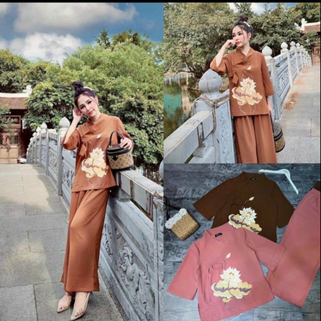 SÉT BỘ LAM THÊU HOA SEN TAY LỠ QUẦN ỐNG RỘNG