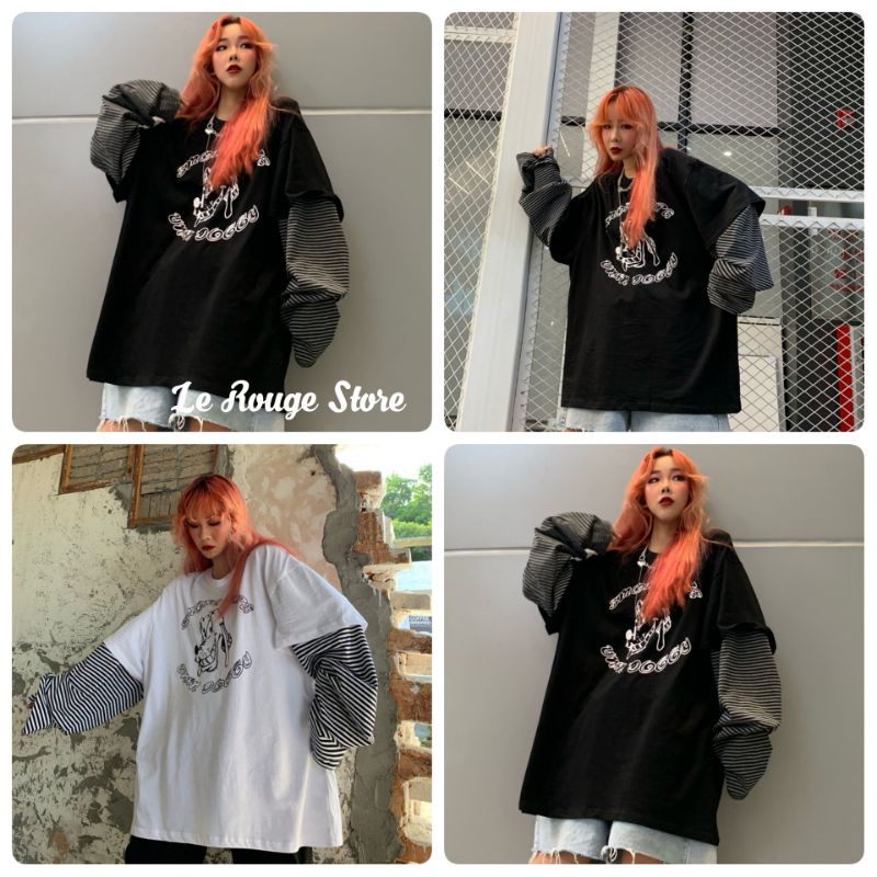 (ORDER) Áo Tee unisex ulzzang đen trắng phối tay kiểu kẻ sọc ngang bản nhỏ dáng rộng oversize in hình có size