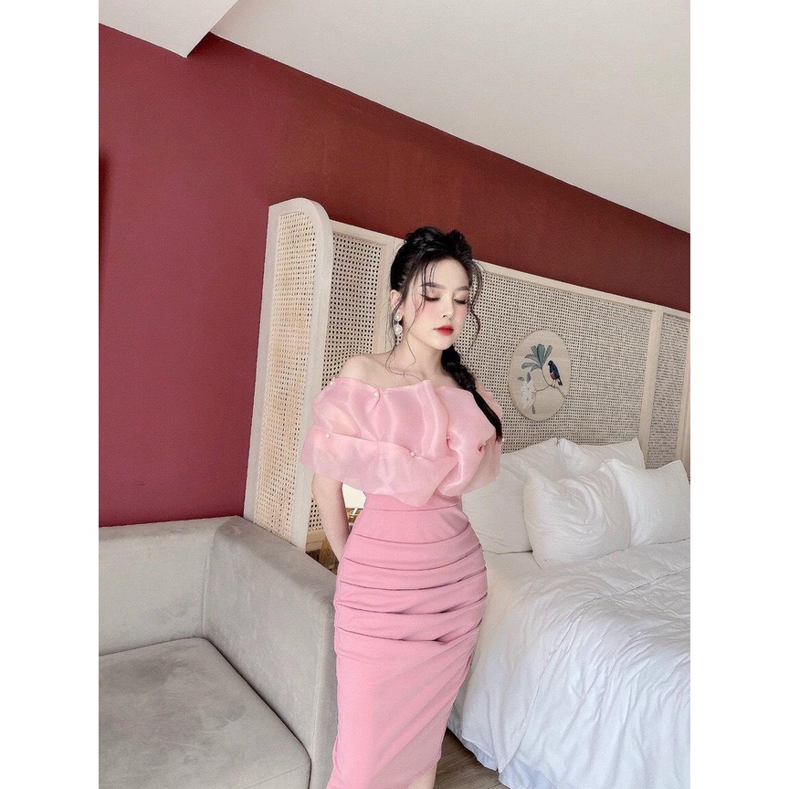 Đầm Ôm Body nữ đính ngọc tay phồng nhẹ phối voan kiếng cá tính D424, thiết kế sang trọng, chất vải thoáng mát JUMI