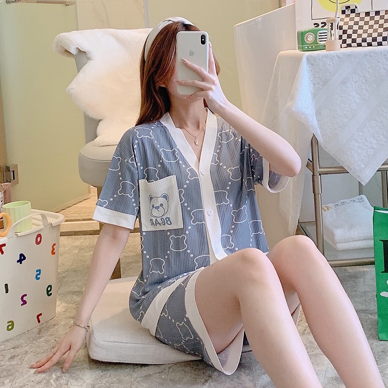 Bộ Đồ Ngủ Ngắn Tay In Hình Gấu Dễ Thương Dành Cho Nữ