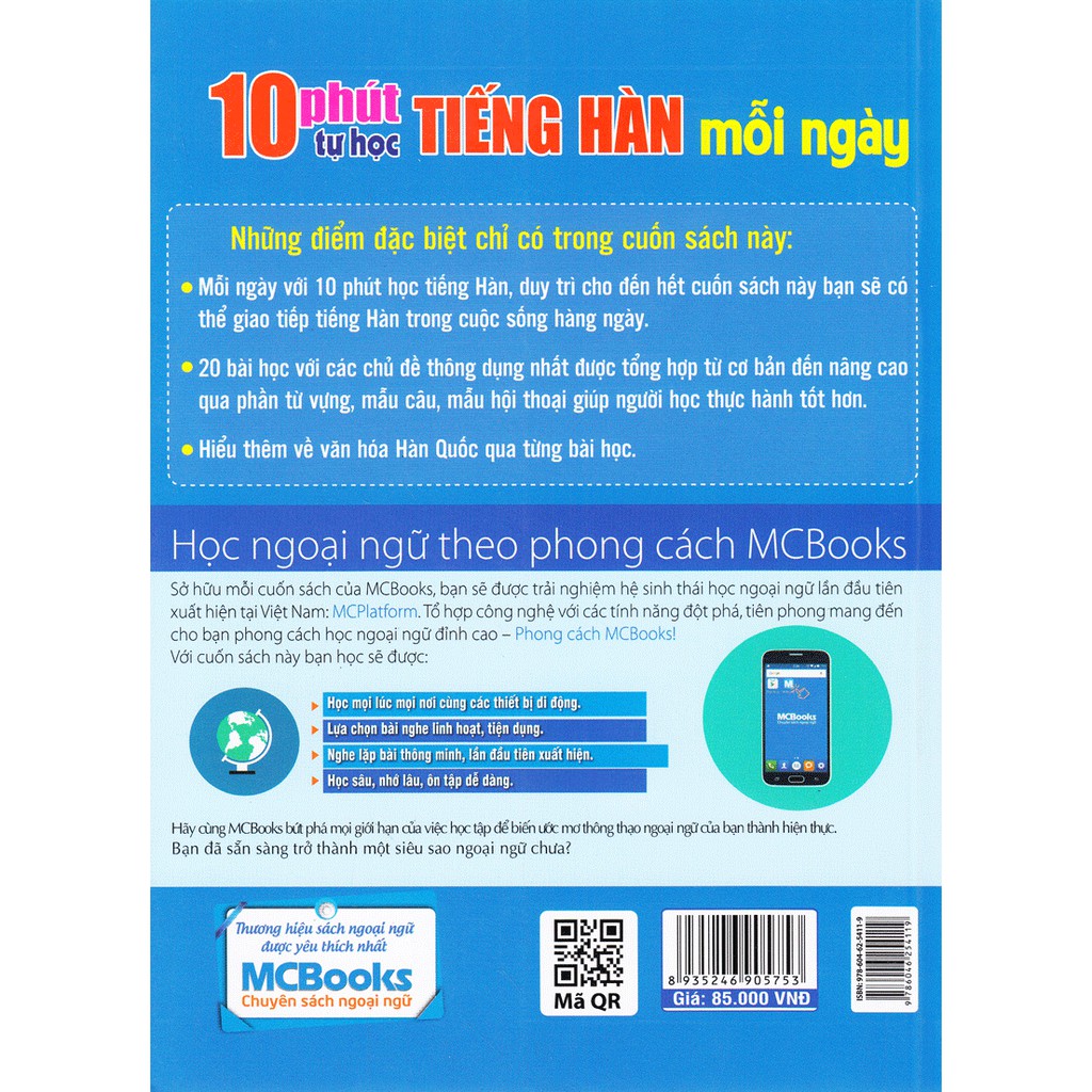 Sách - 10 Phút Tự Học Tiếng Hàn Mỗi Ngày - MCBooks Tặng Video Hack Não 6000 từ vựng tiếng Hàn thông dụng