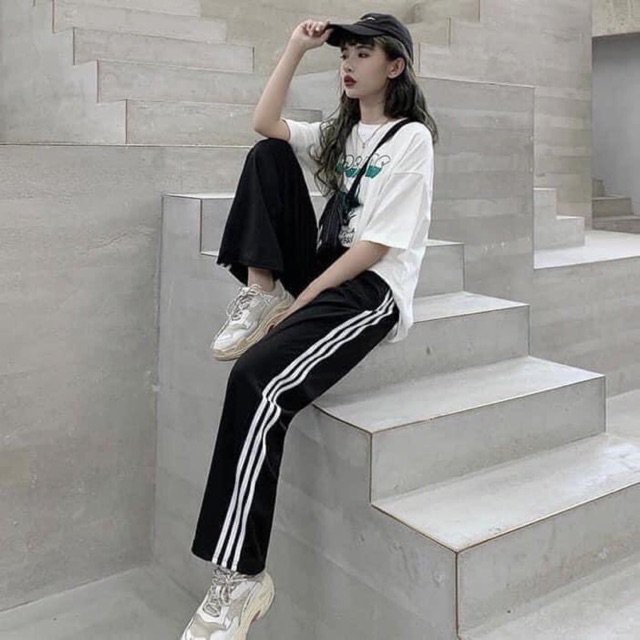 Quần Thể Thao Nữ 3 Sọc ⚡ Casper.Store | FREESHIP | ⚡ Quần thun nữ uống suông Culottes thể thao 3 sọc trắng