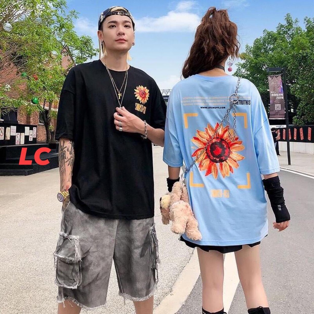 Áo thun unisex tay lỡ nam nữ form rộng Hoa Hướng Dương oversize hai màu xanh đen basic tee phông full size