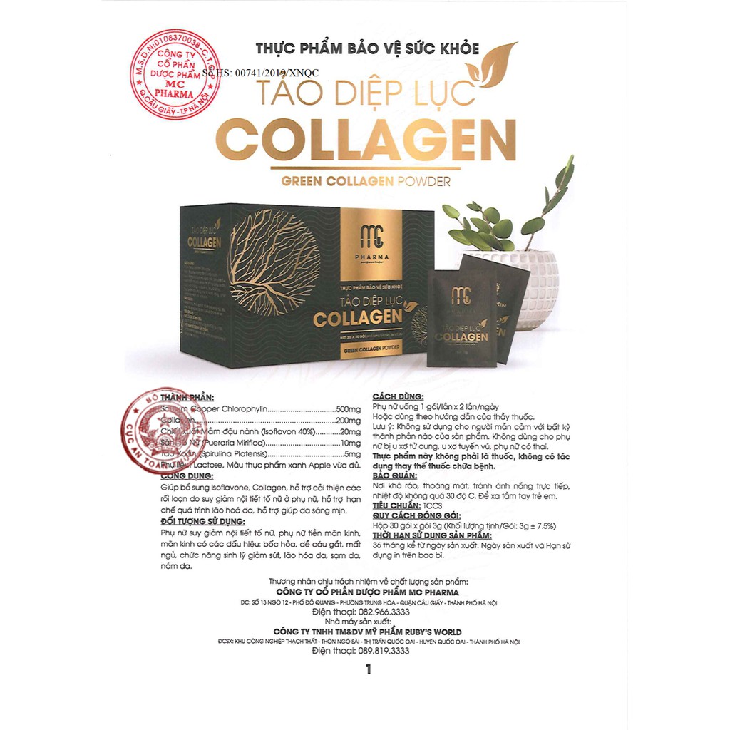 Tảo diệp lục Collagen Mc Pharma  ✔ CHÍNH HÃNG ⏺ Hộp 30 gói | Thế Giới Skin Care