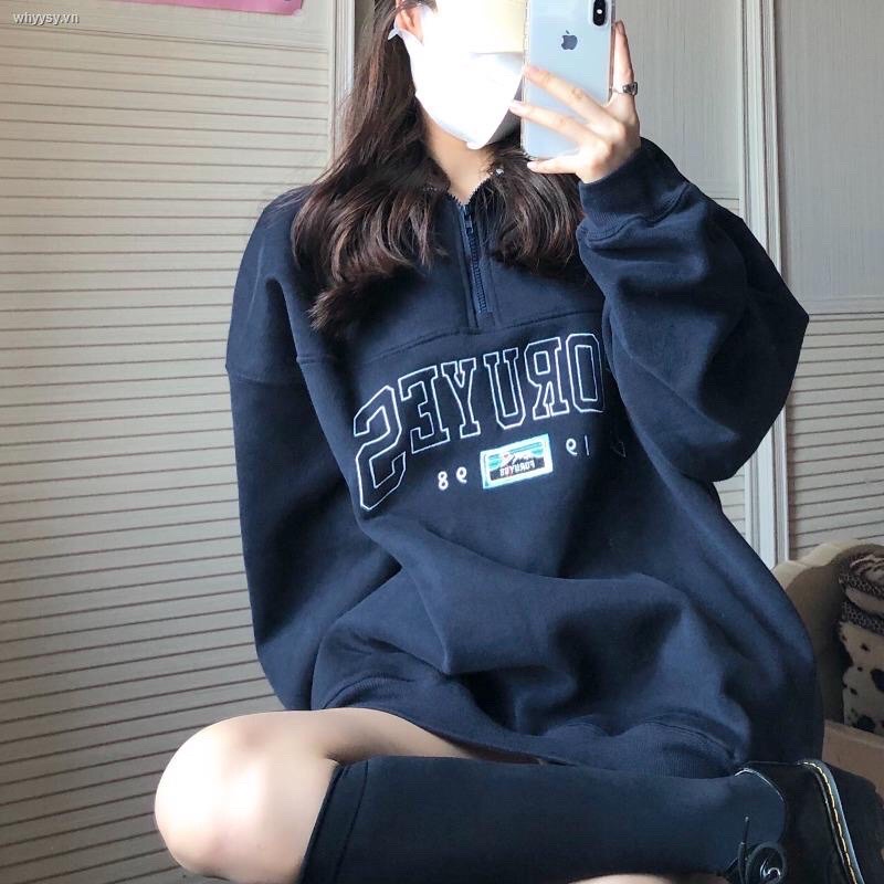 Áo Nỉ Zip Foruyfs Nữ [FREESHIP]  Sweater cao cổ dài tay bồng, thun hoodie form rộng cá tính Ulzzang
