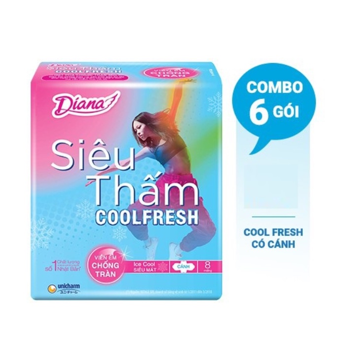 Bịch 6 gói Băng Vệ Sinh Diana siêu thấm COOL FRESH cánh 8M