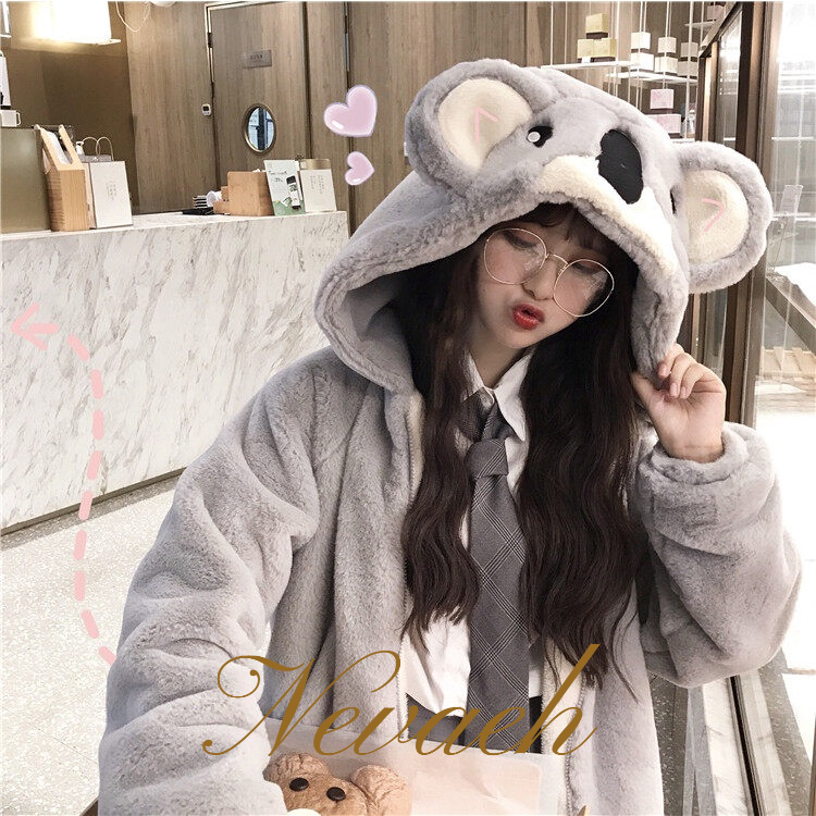 Áo Khoác Cotton Trơn Dày Dặn Giữ Ấm Tai Gấu Koala Dễ Thương Phong Cách Nhật Bản Cho Nữ