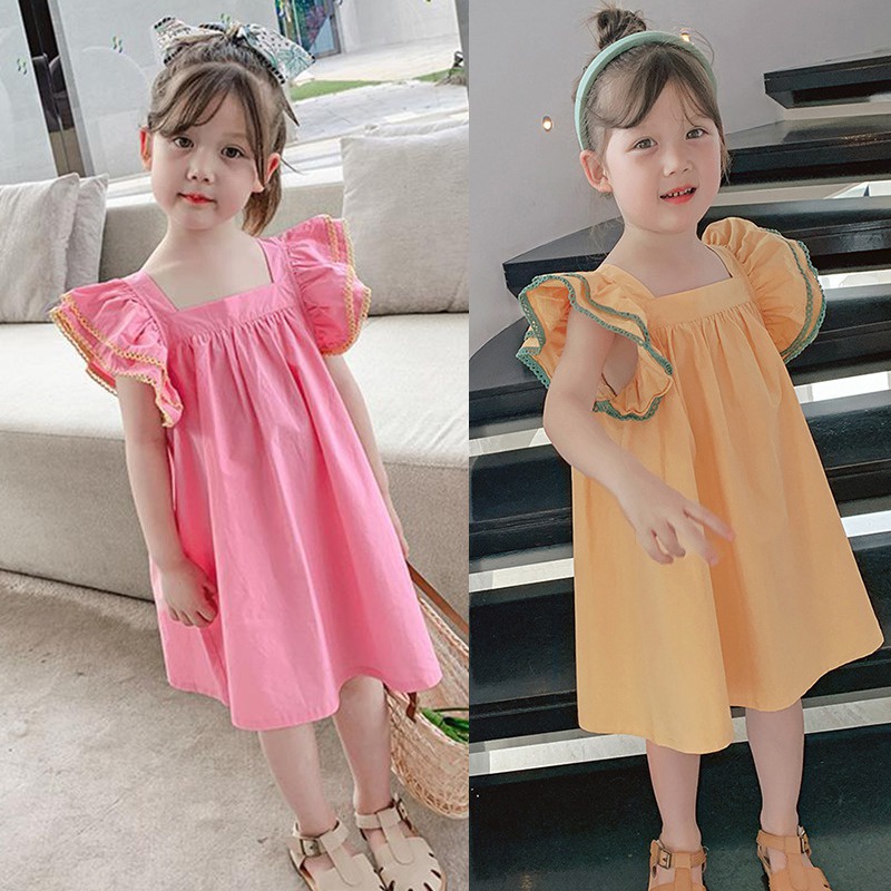 Đầm Chữ A Xếp Ly Cổ Vuông Dễ Thương Cho Bé Gái 3-8 Tuổi