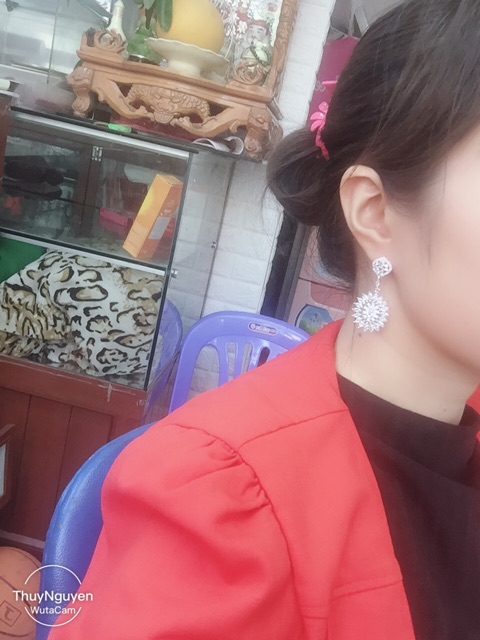 Khuyên tai bạc thật mạ vàng trắng đá nhân tạo cao cấp mẫu treo hoa full đá