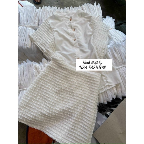 Set áo sơ mi sát nách phối chân váy ren sang chảnh - KÈM HÌNH THẬT - USA FASHION