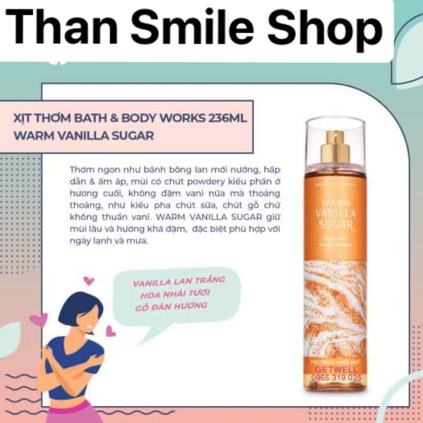 Xịt thơm Bath & Body Works Warm Vanilla Sugar - 236ml, Nước hoa, Xit thơm hương nước hoa chính hãng...