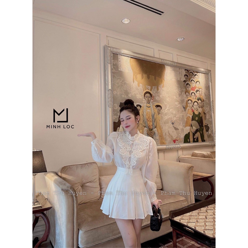 Set áo tớ cô ren trắng tớ nhũ mix chân váy kaki sang chảnh