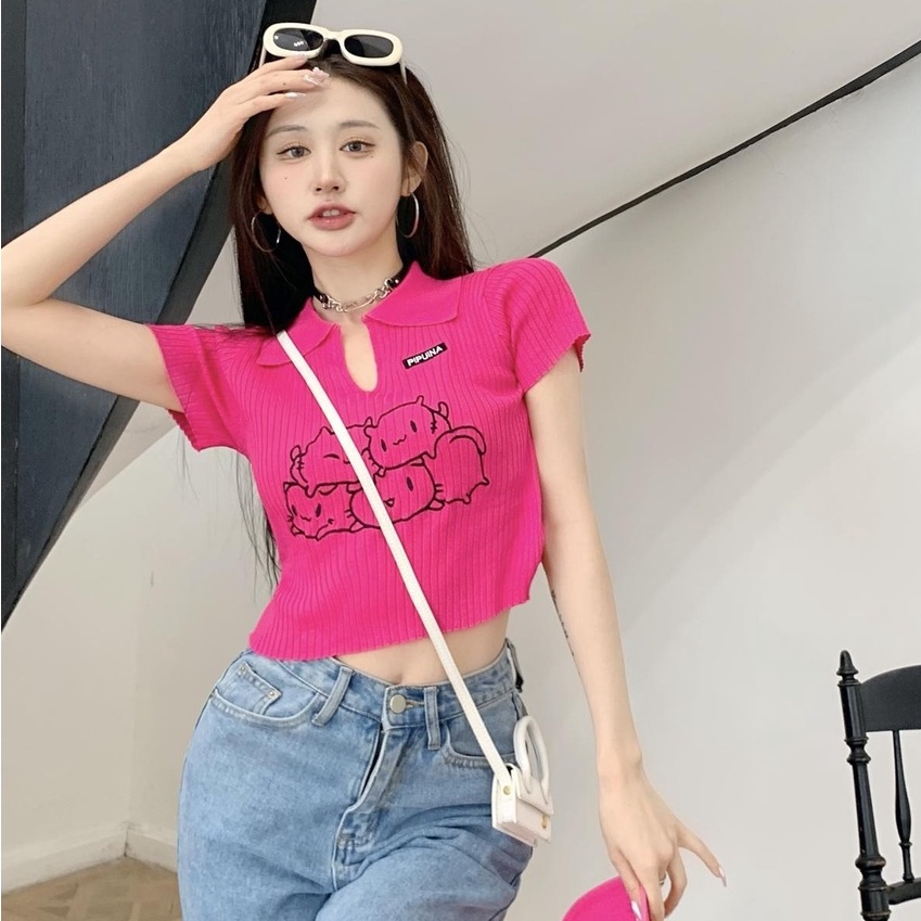 Áo croptop ZHELIHANGFEI cổ polo dệt kim tay ngắn thiết kế quyến rũ cá tính cho nữ