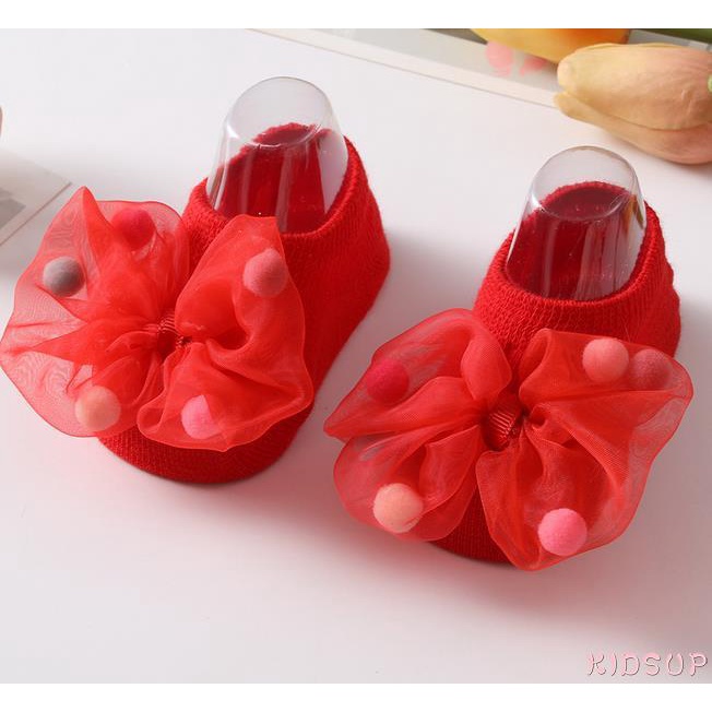 Tất ngắn chống trượt đính nơ lưới thời trang xuân thu cho bé gái