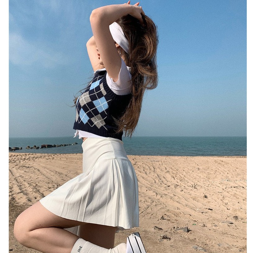 Cocory vn Áo không tay cổ chữ V kẻ sọc caro thời trang vintage cho nữ | BigBuy360 - bigbuy360.vn