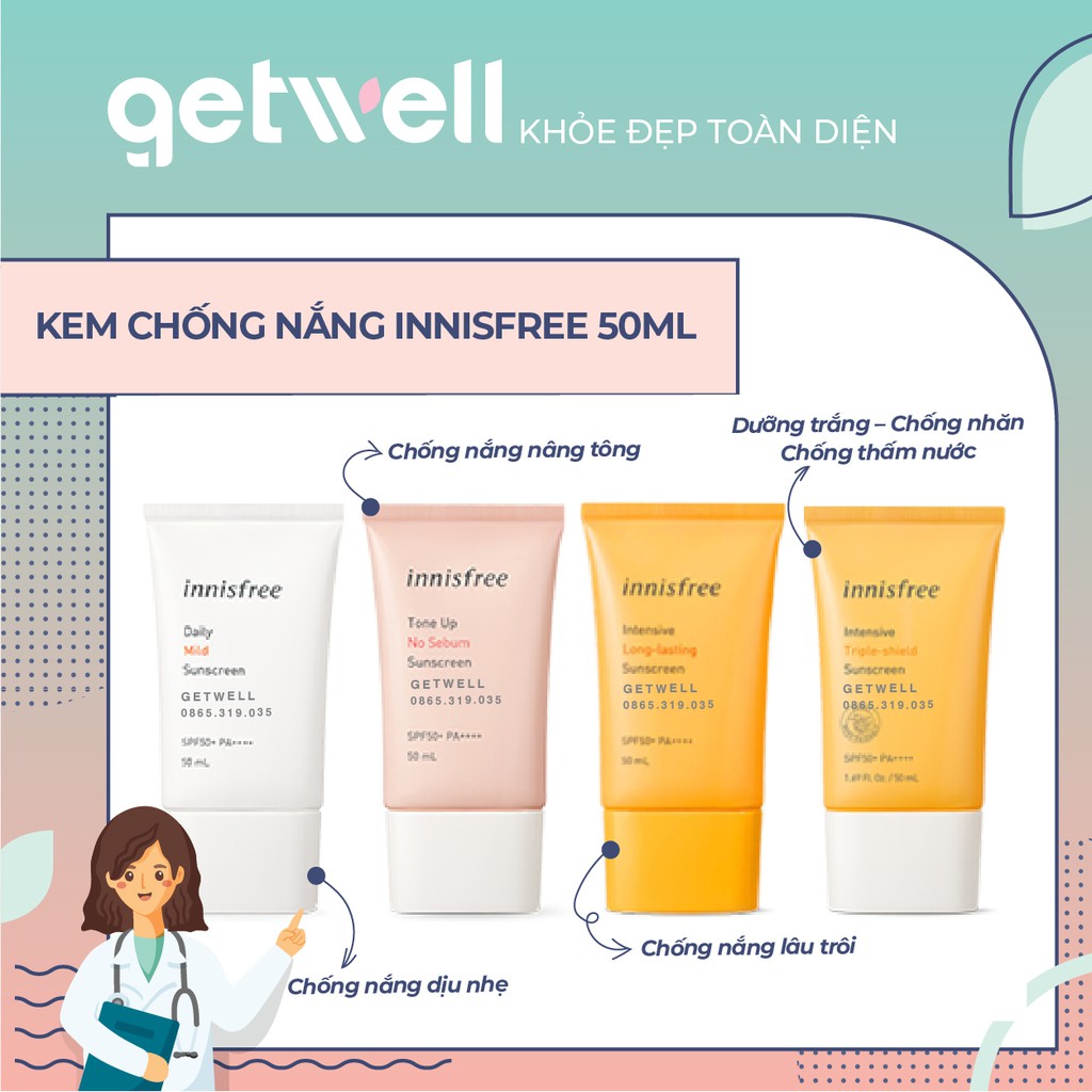 KEM CHỐNG NẮNG  INNISFREE INTENSIVE TRIPLE SHIELD | TRIPLE CARE | TONE UP | LONG LASTING SUNSCREEN SPF50+ PA++++ 50ML