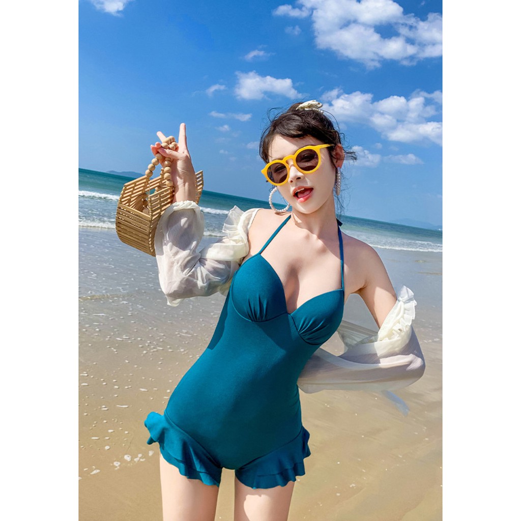 Bộ đồ bơi bikini nữ giấu bụng che nắng 1 mảnh đi tắm biển màu xanh sang chảnh tôn dáng