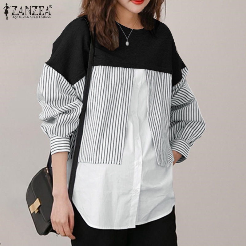Áo cotton ZANZEA dài tay hoạ tiết sọc giả hai mảnh cổ điển cho nữ