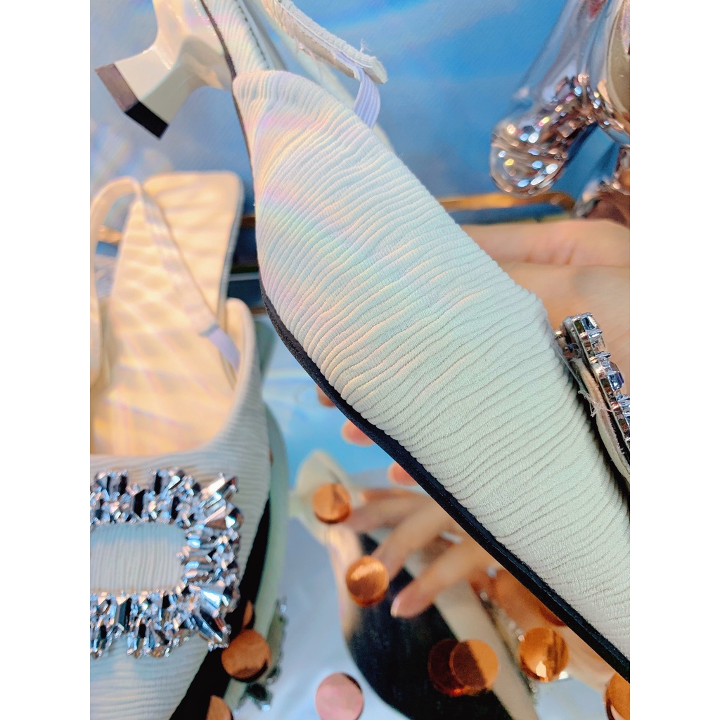 Giày sandal cao gót mũi nhọn trang trí khuy vuông phong cách Pháp cao cấp