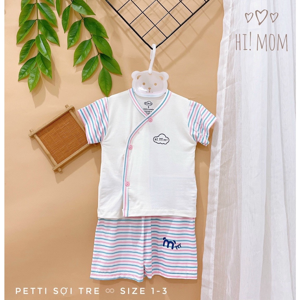 Đồ bộ cộc tay thun lạnh Hi mom cài lệch phối áo trắng tay kẻ quần kẻ cho các bạn nhỏ 3-8kg