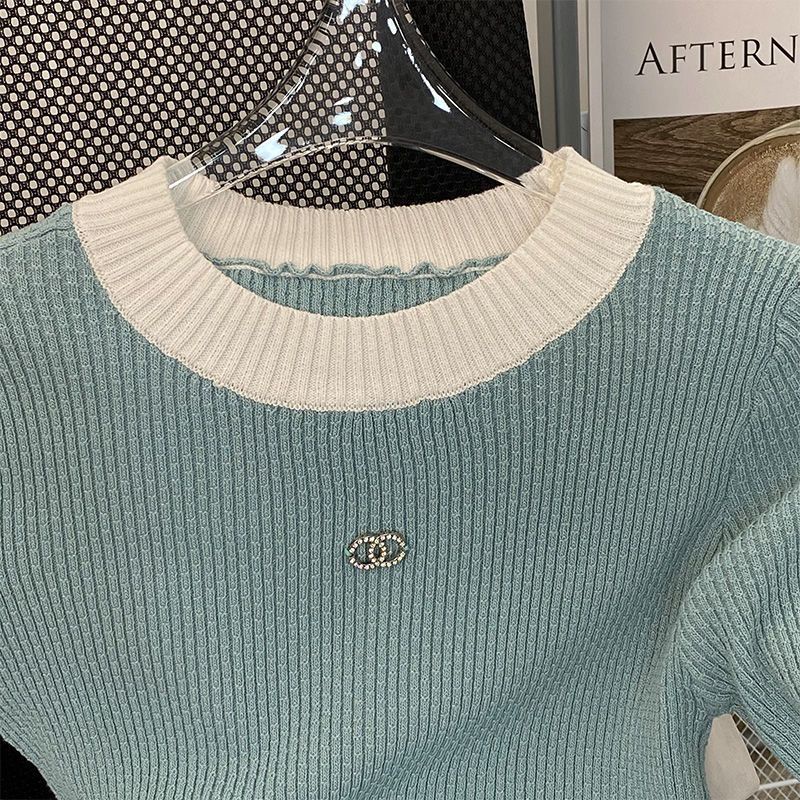 Áo Thun Lụa Lạnh Tay Ngắn Màu Sắc Tương Phản Phong Cách Pháp Thời Trang Mùa Hè Cho Nữ