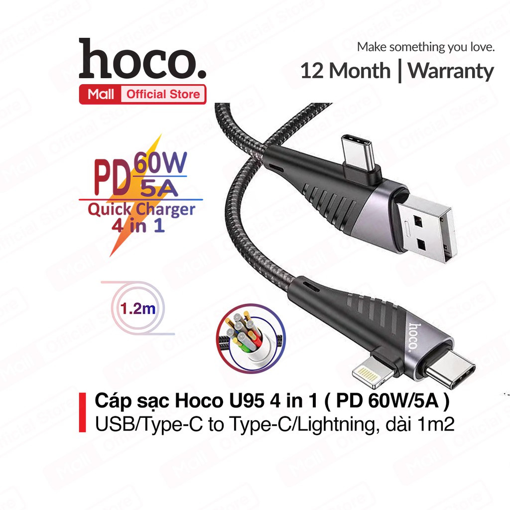 Cáp sạc Hoco U95 4in1 ( USB/Type-C to Type-C/cổng I.p) Type-C/PD60W và PD20W, sạc nhanh 5A//2.4A, dài 1.2m