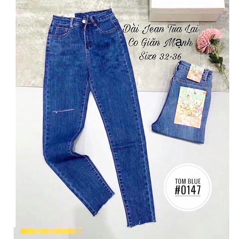 [Bigsize 32-36] Quần Jean Skinny Xanh Đậm Rách 1 Đùi Tua Lai, Jean Co Giãn Lưng Siêu Cao