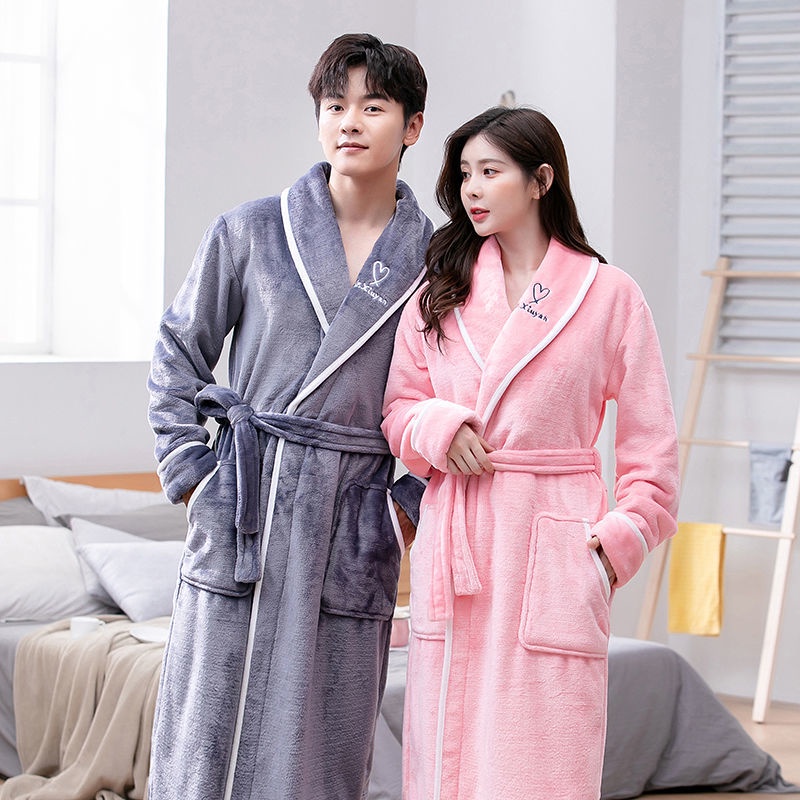 Áo Choàng Tắm/Ngủ/Ngủ Vải Lông Cừu San Hô Dày Dáng Dài Thời Trang Thu Đông Cho Nam Và Nữ | BigBuy360 - bigbuy360.vn