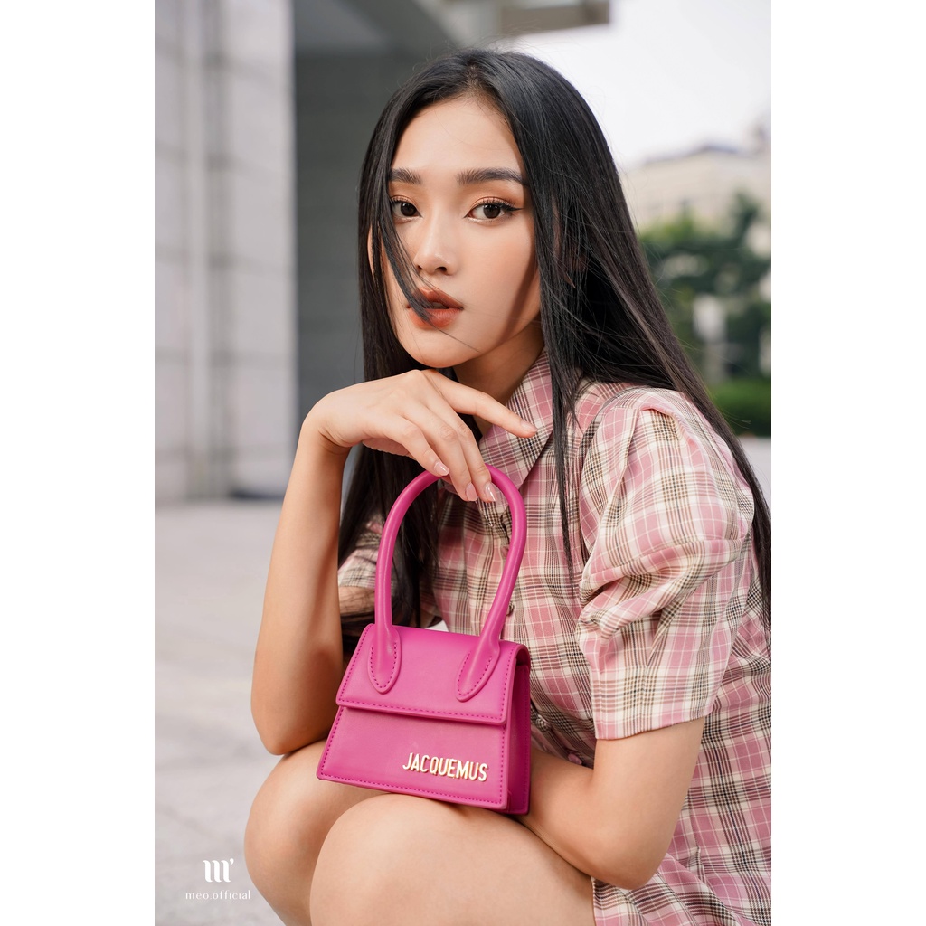 Váy liền nữ Méo shop kiểu Hàn ngắn tay bồng hoạ tiết kẻ công sở dáng xòe Sudary
