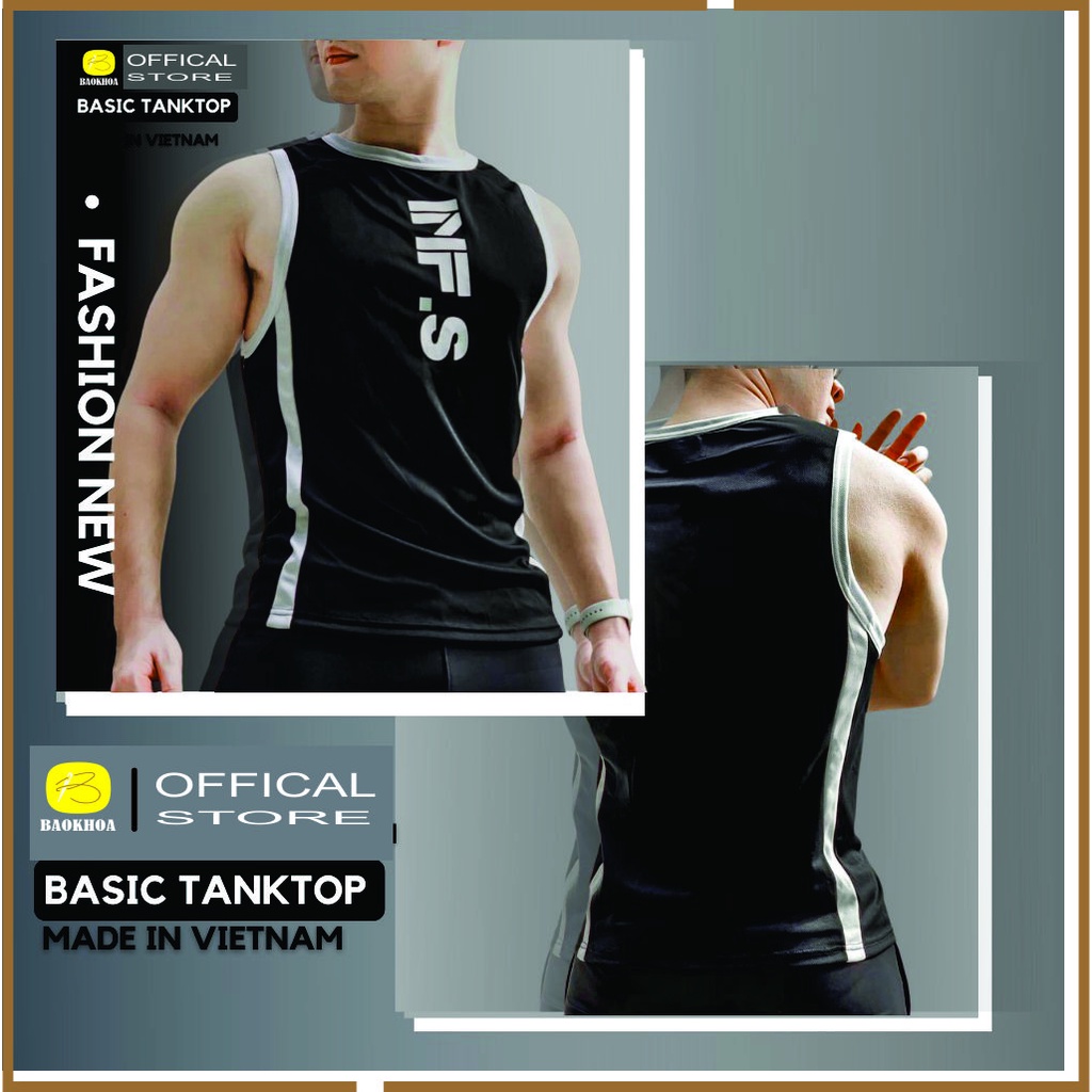 Áo ba lỗ tập thể thao, phối trắng đen in ngực sát nách, vải mè thái khôn xù lông BAOKHOA_OFFICIAL Size L-XL-2XL