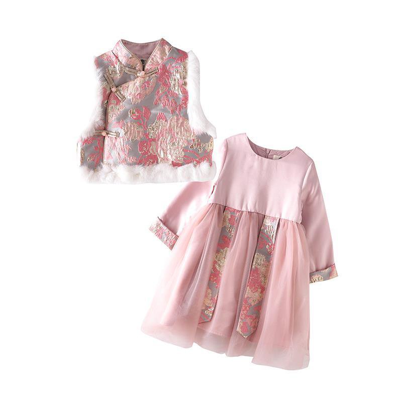 Hanfu Chinese Style Girl Vest Dress Winter Clothing Suit Children