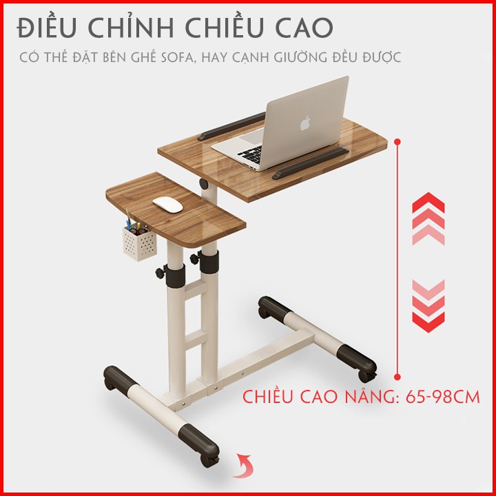 Bàn Laptop di động khung thép cao cấp điều chỉnh chiều cao, điều chỉnh mặt nghiêng có bánh xe, Bàn làm việc đa năng
