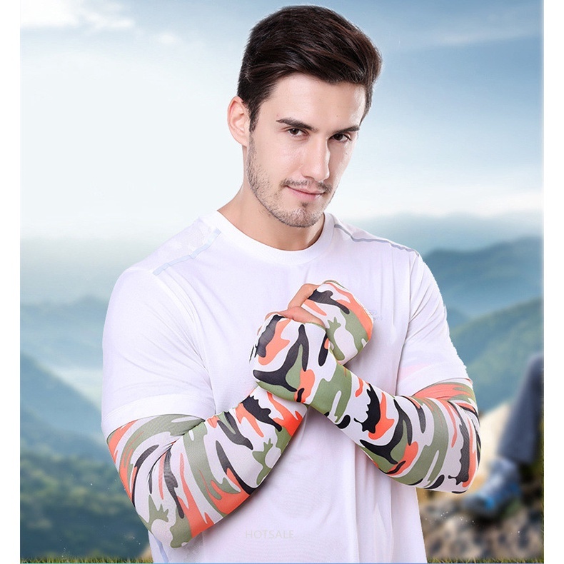 Găng Tay Ống Chống Tia UV Bằng Lụa Mát Họa Tiết Rằn Ri Cho Nam Và Nữ Đi Xe Đạp 50+